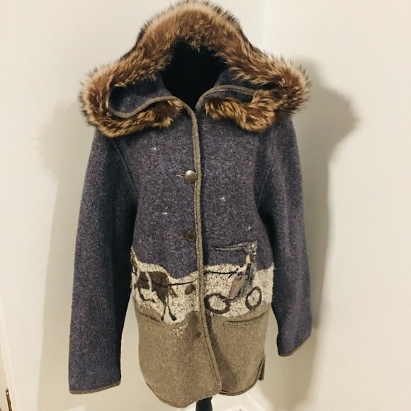 GIESSWEIN Gray Beige Boiled Wool Fur Hood Sweater Coat Horse Buggy EU36 US6-8 - Picture 4 of 7